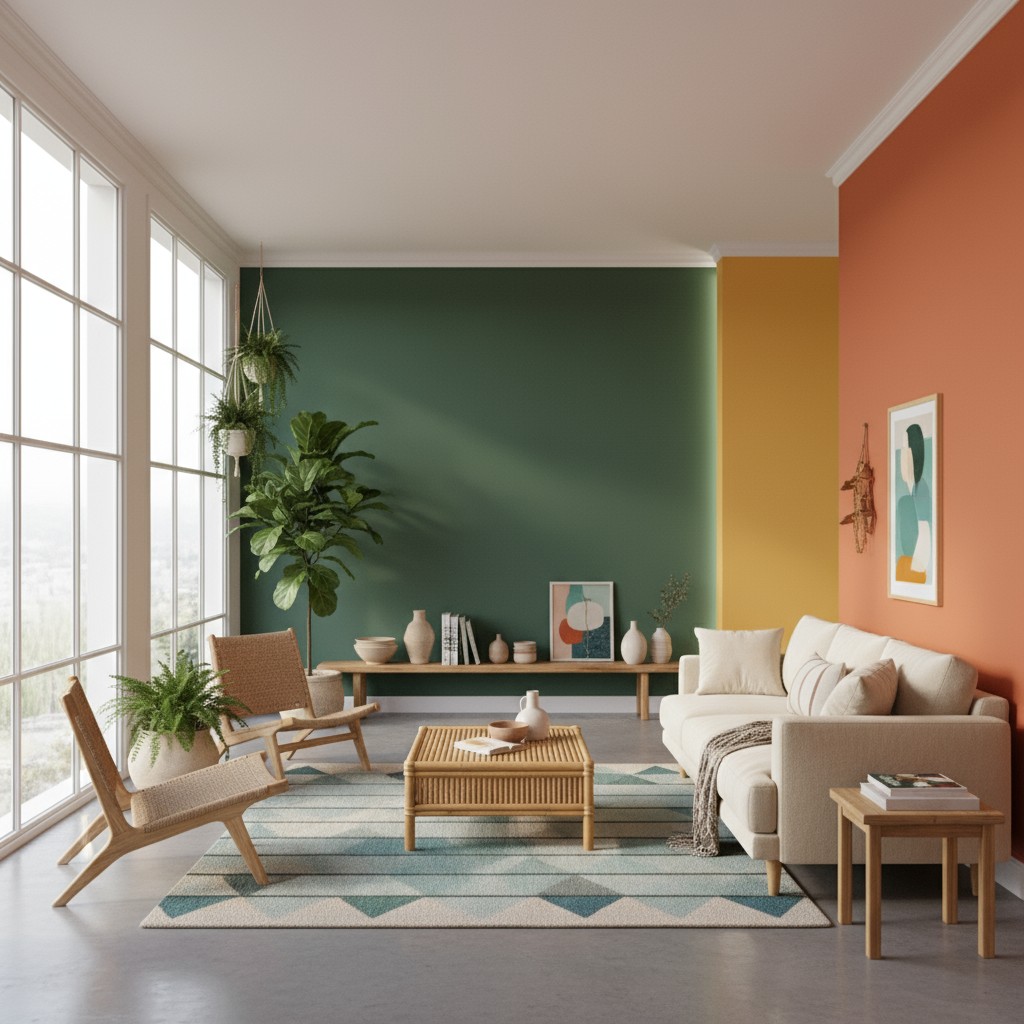 Green wall background with beige sofa white coffee table and plants.