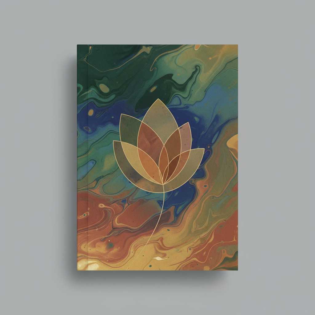 The image shows a book or journal with a marbled cover and an abstract lotus flower illustration in shades of green, blue,...
